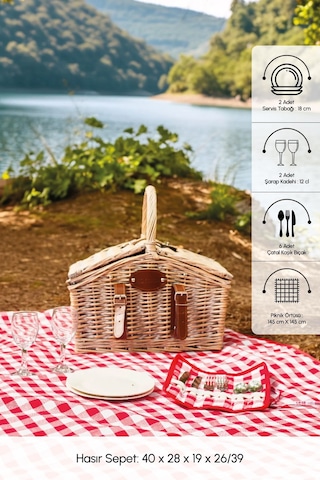 Karaca Summer Tabak - Çatal - Kaşık Bıçak Takımı Piknik Sepeti +  Kadeh ve Piknik Örtüsü