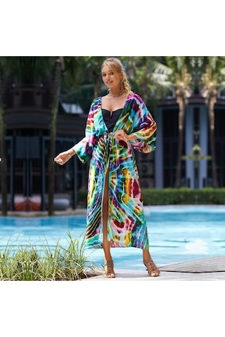 Edolynsa Yeşil Leopar Desenli Mayo Cover-up Vintage Şerit Kendinden Kemerli Kadın Yaz Uzun Kimono Elbise Plaj Bikini Cover-up Q1521 Mor