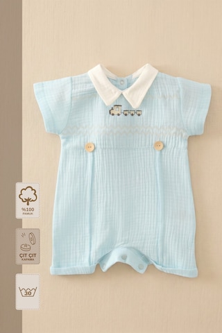 Minory Baby - %100 Pamuk Müslin Bebek Tulum Tren Nakışlı Yakalı Mavi Mavi