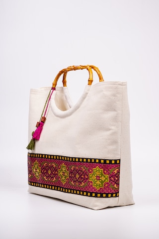 Fabric Craft Bag El Çantası Kanvas Etnik Dokuma Bordürlü Beyaz