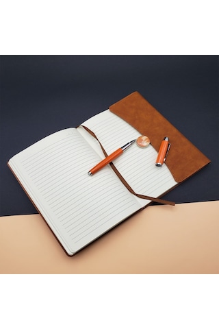 Kişiye Özel Özel Kutulu Deri Defter Ve Roller Kalem Seti Kahverengi
