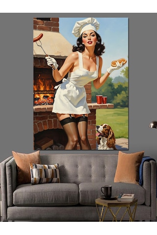 Retro Hizmetçi Pin-up Kız Dekoratif Kanvas - Mdf Ahşap Tablo