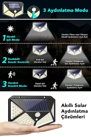 4 Adet Güneş Enerjili Duvar Lambası - Solar 100 Led Işık 3 Modlu Hareket Sensörlü Bahçe Aydınlatma Siyah