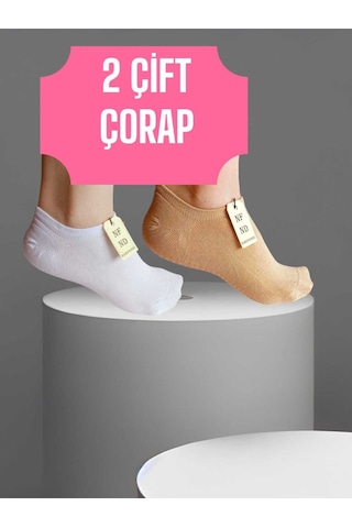 Enefendi 2 Çift Babet Çorap Görünmez Çorap Spor Yoga Pilates Sneakers Kaymaz Silikon Taban 36-40 Beyaz Krem Renkli