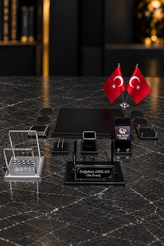 13 Parça Masa İsimlik Seti Kişiye Özel Çift Kalemli Newton Denge Toplu Ofis Sümen Takımı Siyah
