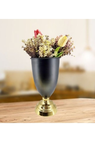 Modern Dekoratif Gold Ayaklı Siyah Vazo Masa Üstü Aksesuar Dekor Gold - Siyah