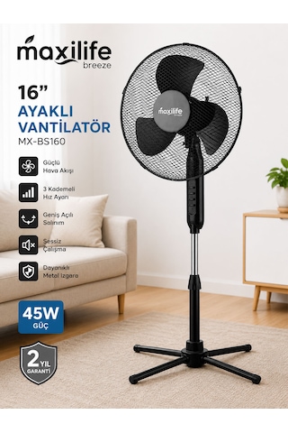 Breeze Mx-bs160 16 İnç Katlanır Ayaklı Vantilatör 45w 3 Kademeli Hız Ayarlı Metal Izgaralı Vantilatör