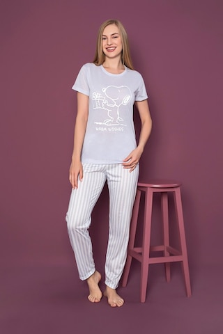 Lukitus Sıfır Yaka Kısa Kol Snoopy Desen Pijama Takımı Mavi