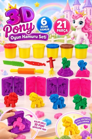 3d Pony Hamur 21 Parça 6 Farklı Renkli Pony Kalıplı Ve Çeşitli Aksesuarlı Oyuncak Oyun Hamuru Seti Çok Renkli