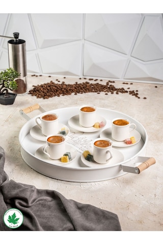 Lin Metal 37cm Yuvarlak Tepsi Ahşap Kulplu Kaktüs Baskılı - Beyaz