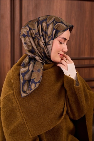 Silk Home Twill İpek Eşarp Lacivert Yeşil Vizon Papatya Desenli Tok Duruşlu 90x90 Çok Renkli