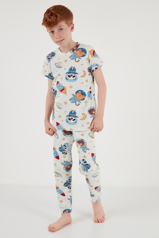 Lela Desenli % 100 Pamuk Bisiklet Yaka Erkek Çocuk Pijama Takımı 6651003 Ekru-Mavi