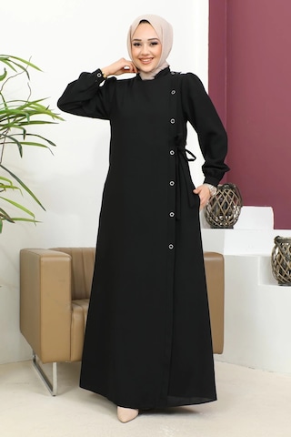 Nevayla Moda Bağlamalı Çıt Çıt Detaylı Ferace - Siyah
