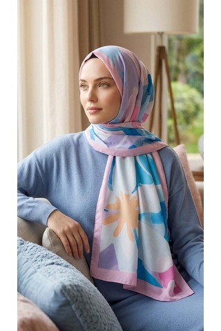 Moda Nuda Desenli Pamuk Soft Şal - İlham Serisi Mavi Pembe Kenarlı Mavi - Pembe