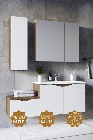 Teta Home Manila 100cm Mdf Banyo Seti + Boy Dolap Kafkas Meşe-beyaz Kafkas Meşe - Beyaz