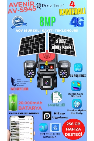 Avenir Av-s945 4 Kameralı 8mp E Sim 4g Sim Kartlı Ptz Kamera Gece Renkli Görüş + İnsan Takibi