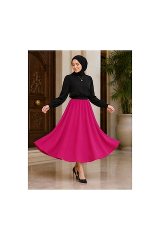 Elmoda Kadın Tam Daire Tesettür Saten Mevlana Etek Pembe Pembe