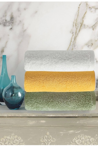 3 Lü Renkli El Yüz Havlu Seti %100 Pamuklu Natural Harmony Sarı