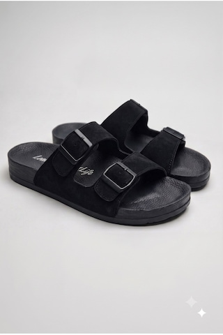 Premium Unisex Süet Görünümlü Çift Tokalı Rahat Anatomik Terlik Siyah