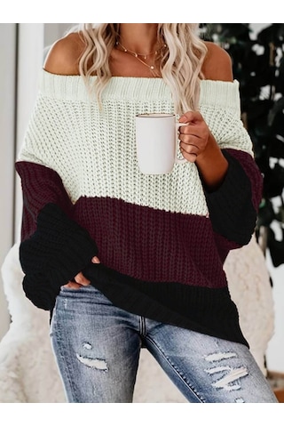 Kadın Uzun Kollu Madonna Yaka Çizgi Desenli Salaş Triko Antrasit Melanj