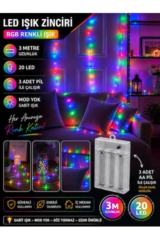 Kablolu Led Işık Zinciri Renkli Rgb Dekoratif Led Aydınlatma Oda Duvar Yatak Odası Parti Yılbaşı Süsü 3 Metre 20 Led Çok Renkli