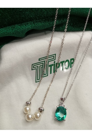 Tiptop/yeşil Taşlı Ve Gümüş Renk Yuvarlak Dorikalı Üç İncili Çelik Kolye Set Gümüş