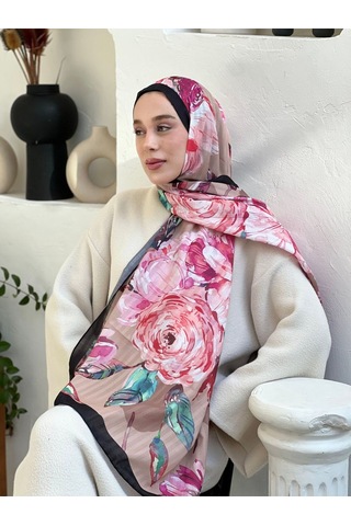Moda Kaşmir Açelya Desen Çizgili Bambu Şal Siyah-vizon