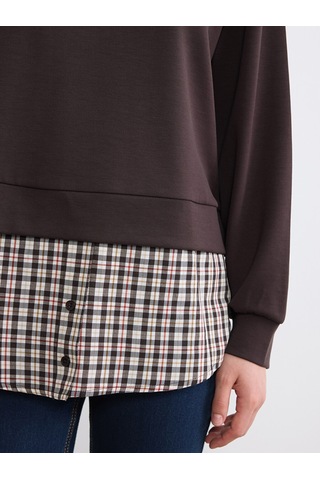 Lcw Modest Kahverengi Gömlek Yaka Ekoseli Kadın Sweatshirt Tunik