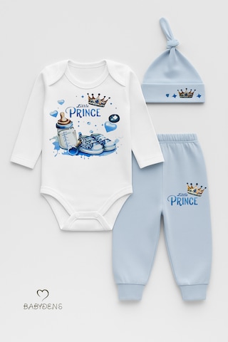 Babyden's Little Prince 3 Lü Erkek Bebek Takımı Uzun Kollu %100 Pamuk Body, Pantolon Ve Şapka Seti Mavi Açık Mavi