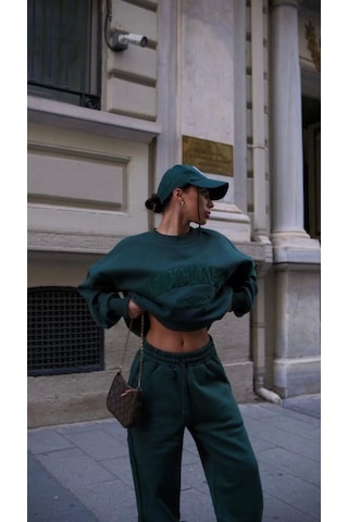 Reka Moda Bisiklet Yaka Nakış İşlemeli Üç İplik Sweat Takım - Yeşil Yeşil