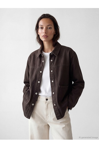Lcw Everyday Kahverengi Gömlek Yaka Oversize Kadın Jean Ceket