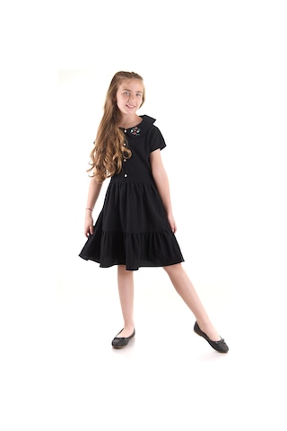 Ahengim Kız Çocuk Düğmeli Yaka Nakışlı Elbise Trend Pamuklu Pamuklu Ak2523 Siyah