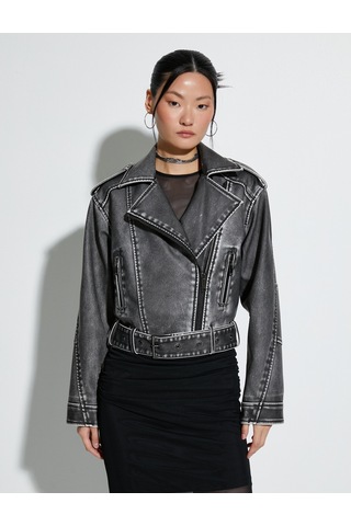 Koton Crop Biker Ceket Suni Deri Kruvaze Fermuarlı Gri 4sak20022ew
