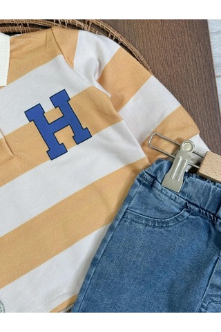 Şerit Çizgili Detaylı Likralı Polo Yaka Erkek Bebek Takım Sari