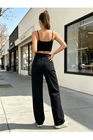 Layal My Beauty Melody Kadın Jeans Wide Leg Rahat Yüksek Bel Salaş Bol Paça Jean Palazzo Denim Kot Pantolon Siyah