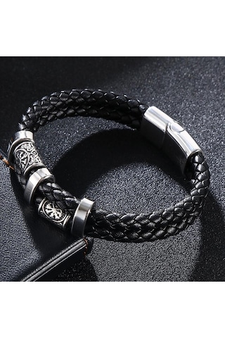 Yeni Paslanmaz Çelik Deri Halat Bileklik İskandinav Viking Serisi Çift Katmanlı Dokuma Deri Erkek Bilekliği Mavi