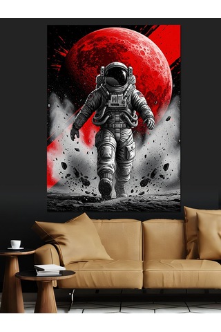 Kırmızı Ay Ve Astronot Dekoratif Kanvas - Mdf Ahşap Tablo