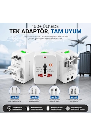 2 Adet 150 Ülke Universal Seyahat Adaptörü Çok Amaçlı Priz Dönüştürücü Usb Girişli Uk Eu Us Au Fiş Çevirici Akım Korumalı Taşınabilir Dünya Tipi Travel Adaptör