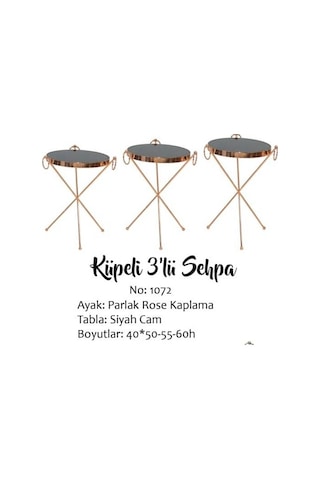 Brc Zigon Küpe Model Sehpa Metal Bakır Roza Renk Ayak Kırılmaz Temper Siyah Cam Tabla El Yapım