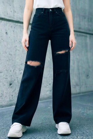 Woddi Bella Siyah Salaş Dizi Yırtık Rahat Kesim Palazzo Jeans Kot Pantolon