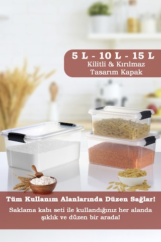 3'lü Organizer Box 5-10-15l Saklama Kabı - Çok Amaçlı Düzenleyici Kilit Kapak Derin Saklama Kutusu Şeffaf