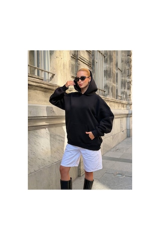 Zdnjeans Kadın Taşlı Kanat Baskılı Oversize Kapüşonlu Sweatshirt siyah