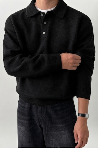 Serablanka Erkek Polo Yaka Oversize Triko Kazak Rahat Kalıp Siyah