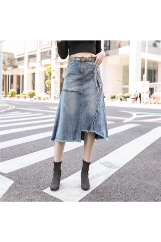 Kadın Moda Yüksek Bel Yırtık Tahrip Bodycon Sokak Stili Denim Etek Açık Mavi