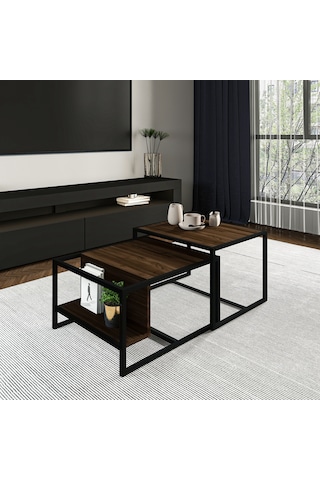 Batı 2 Li Modern Orta Sehpa Takımı Metal Ayaklı, Alt Raflı Ceviz