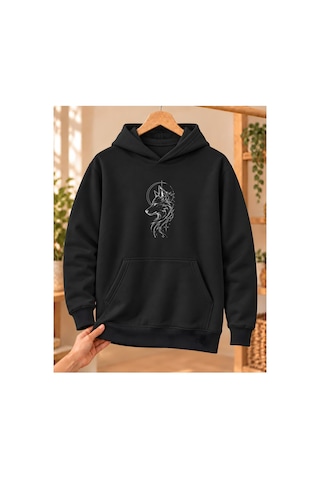 Mor Mürekkep Bozkurt Profili Daire Ve Yıldızlar Baskılı Kapüşonlu Sweatshirt - Siyah