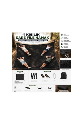 4 Kişilik Kare File Hamak 250x250 Cm Kamp Bahçe Piknik Hamağı Geniş Ve Dayanıklı Siyah