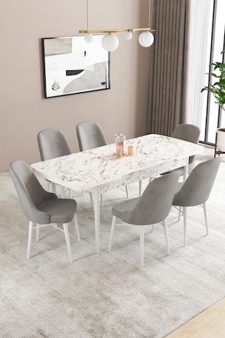 Familieconcept Almira Serisi, Beyaz Mermer Desen 80x132 Açılabilir Mdf Mutfak Masası Takımı 6 Adet Sandalye Gri