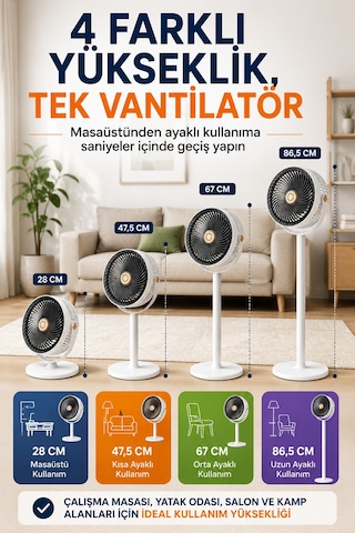 5 Kademeli 4 Farklı Yükseklik Ayarlı Standlı Vantilatör Masaüstü Ve Ayaklı Fan Taşınabilir Sessiz