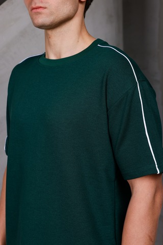 Erkek Şeritli Oversize Bisiklet Yaka 2 İki İplik Kompakt T-shirt Nefti